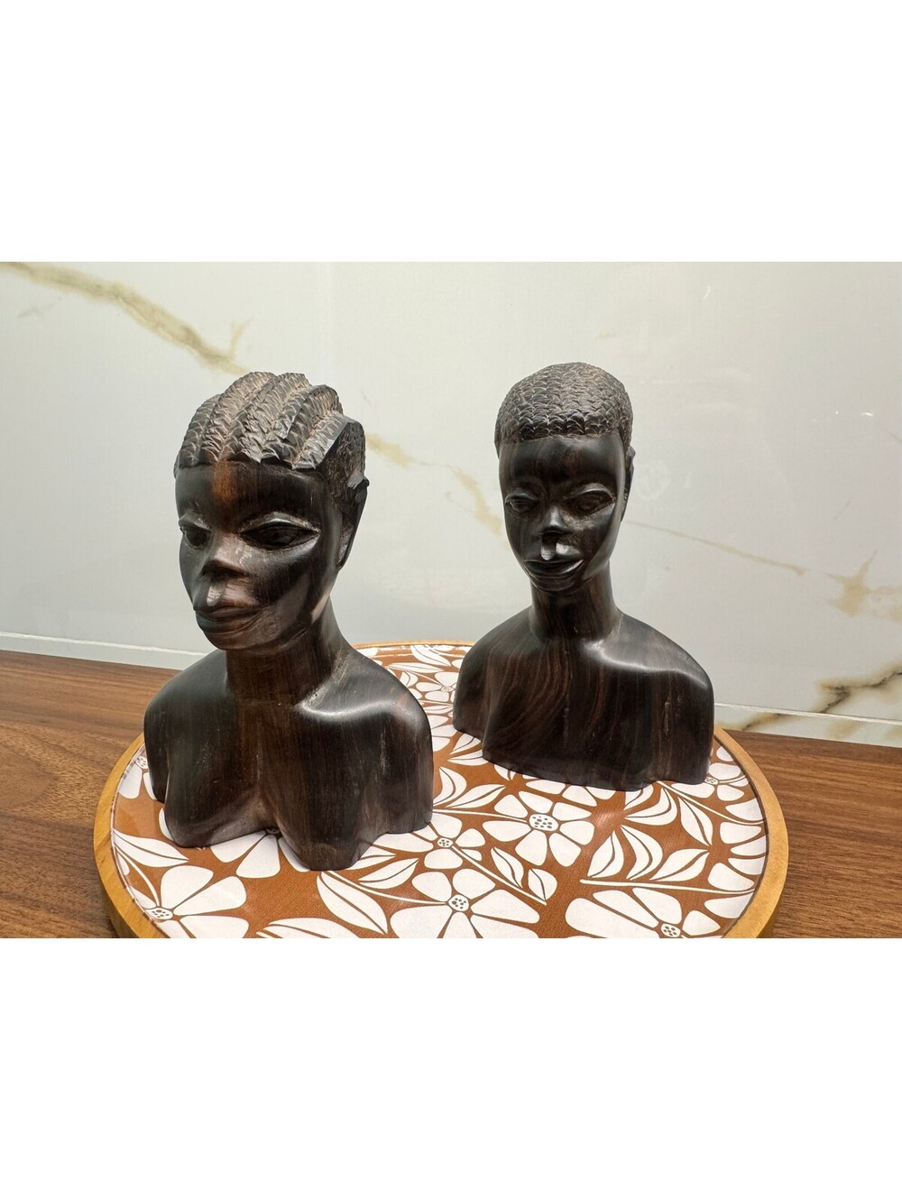 Vintage African Ebony Wood Bust Sculptures Pair Hand Carved Tribal Male Female